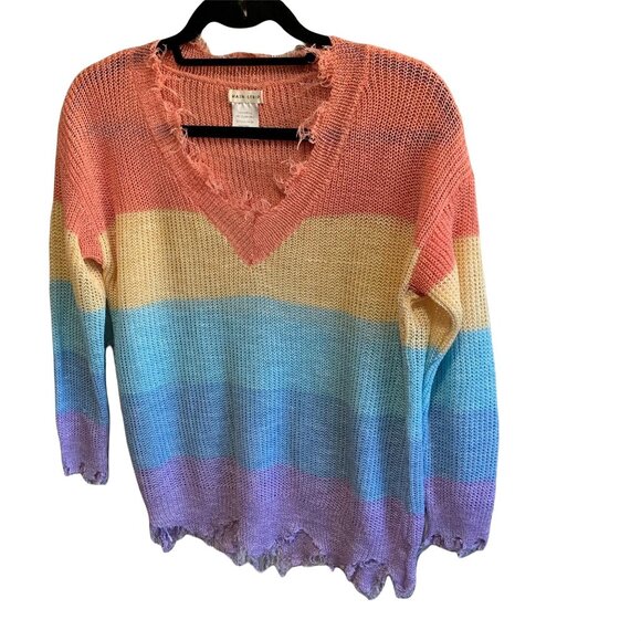 Main Strip Rainbow Raw Hem Distressed Pastel Sweater S - Picture 2 of 6